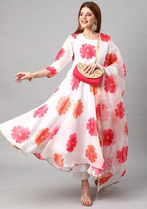 White Floral Rayon Anarkali Set — view on Indya