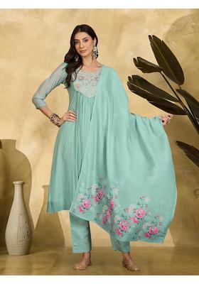 Sky Blue Embroidery Cotton Anarkali Set