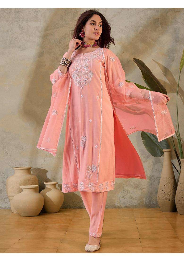Peach Embroidery Silk Blend Kurta Set - Indya
