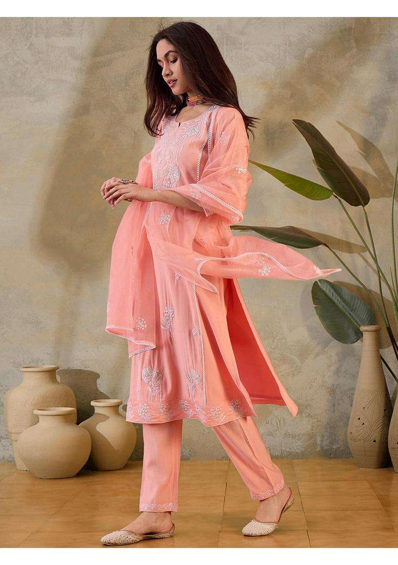 Peach Embroidery Silk Blend Kurta Set - Indya