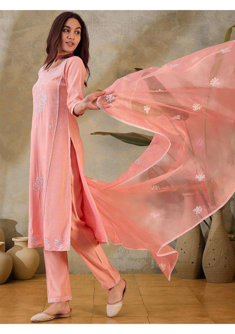 Peach Embroidery Silk Blend Kurta Set - Indya