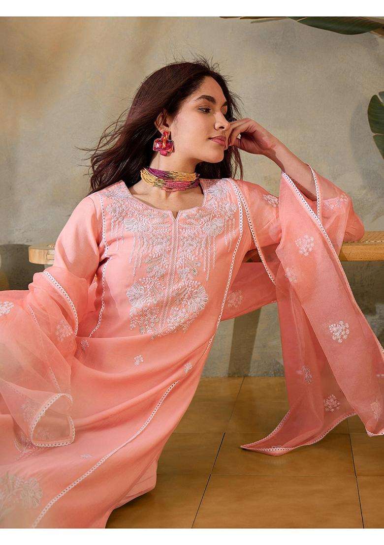 Peach Embroidery Silk Blend Kurta Set - Indya