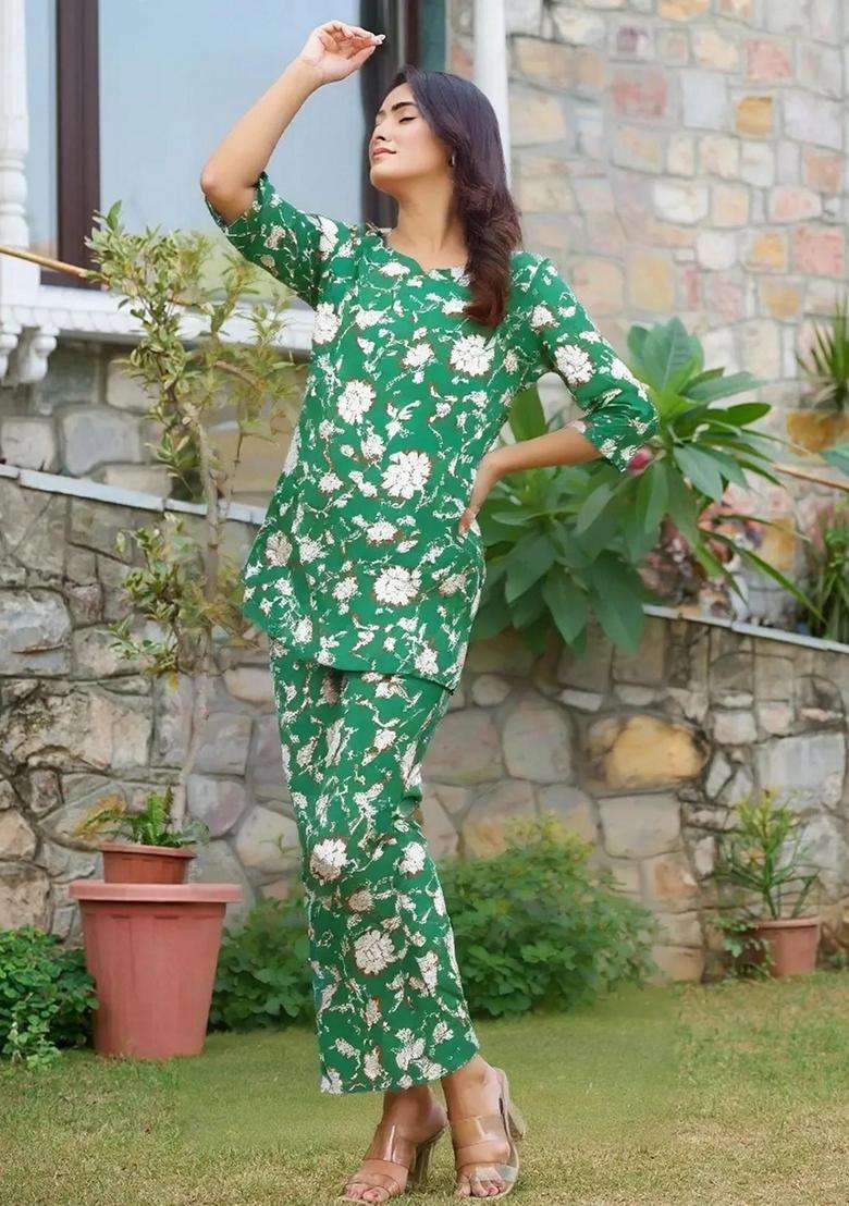 Green Floral Cotton Co-Ord Set - Indya