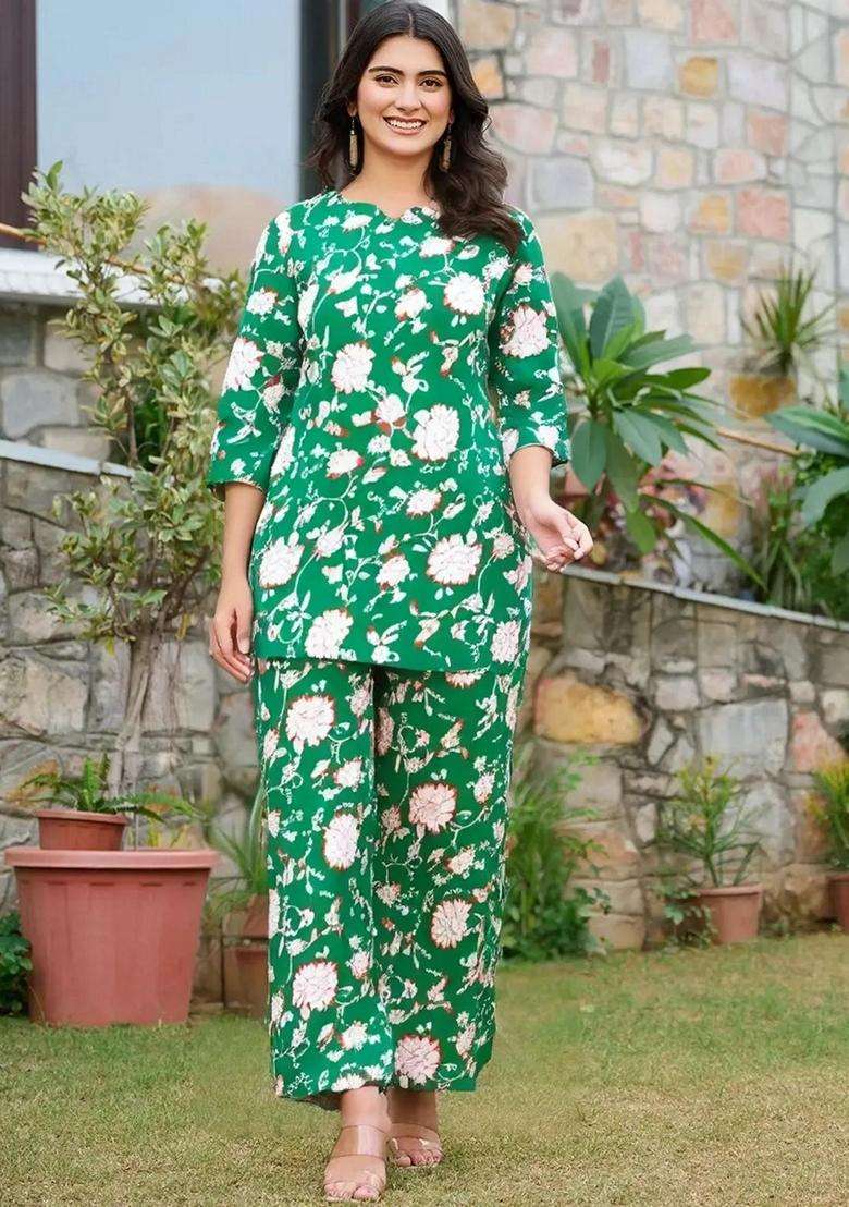 Green Floral Cotton Co-Ord Set - Indya