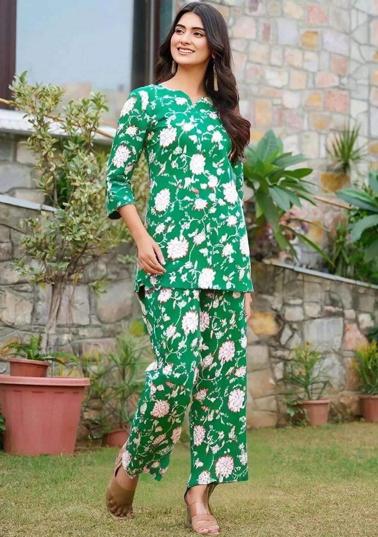 Green Floral Cotton Co-Ord Set - Indya