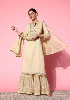 Cream Embroidery Cotton Sharara Set