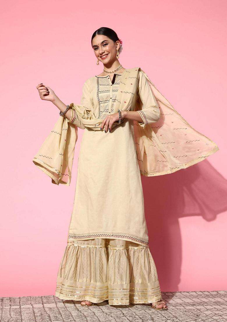 Cream Embroidery Cotton Sharara Set - Indya