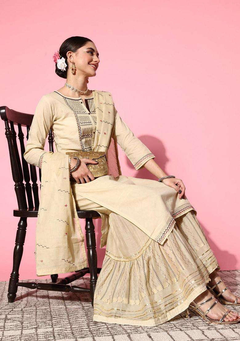 Cream Embroidery Cotton Sharara Set - Indya