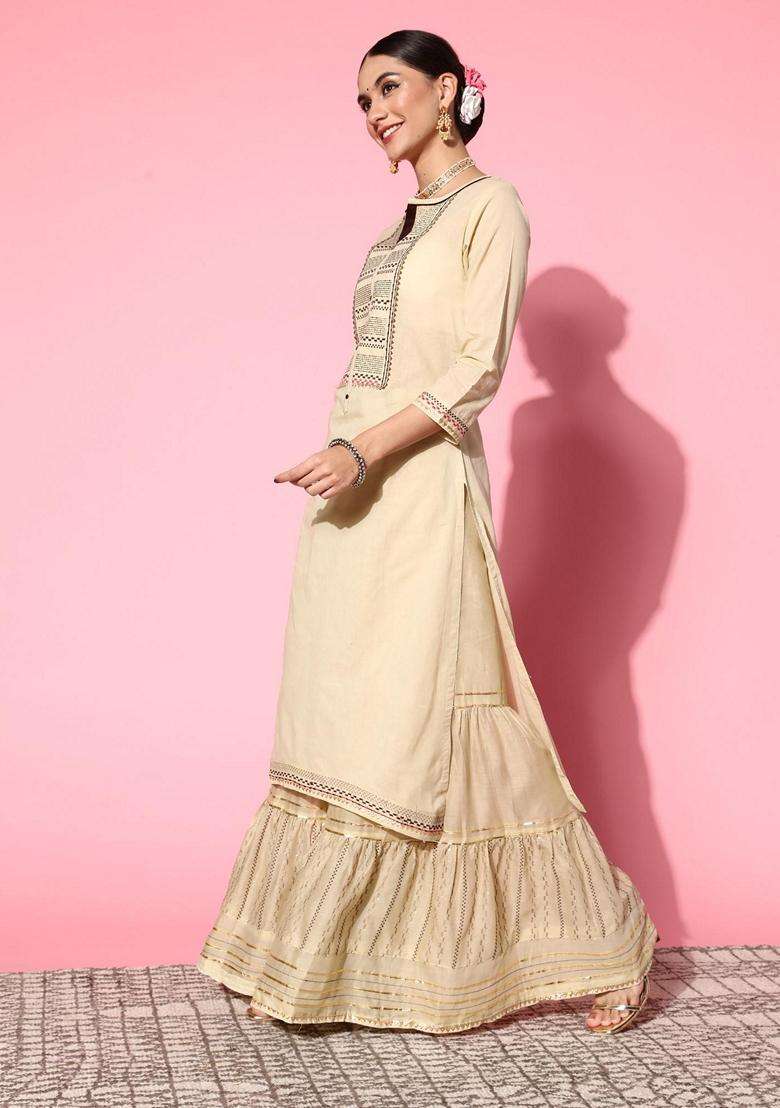 Cream Embroidery Cotton Sharara Set - Indya