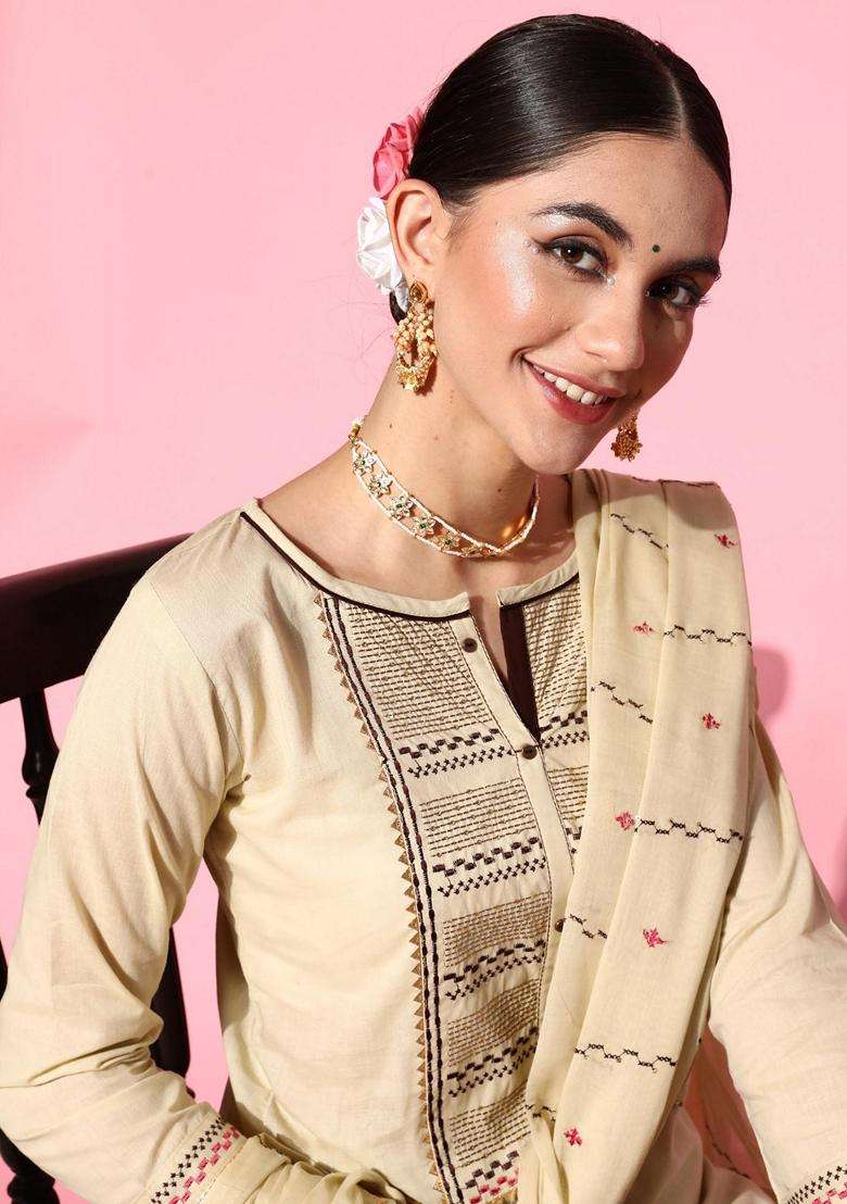 Cream Embroidery Cotton Sharara Set - Indya
