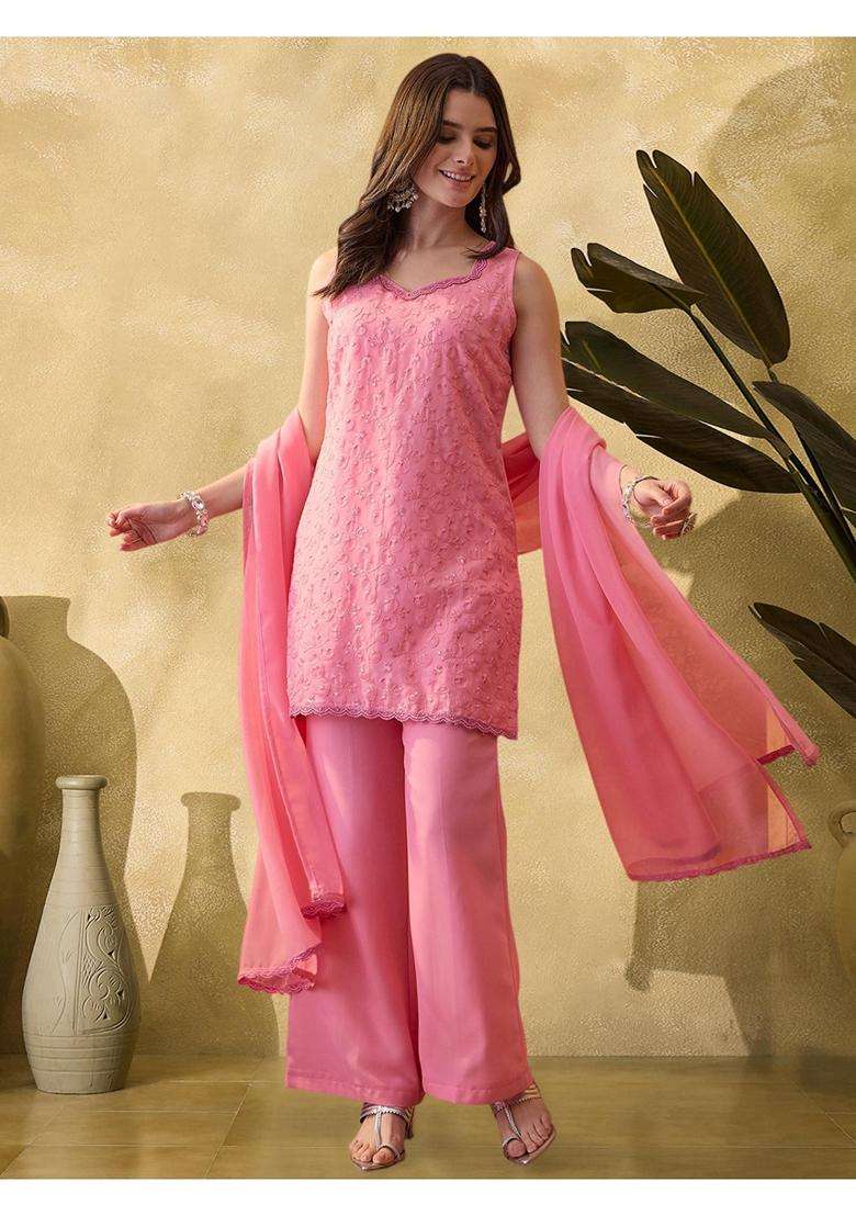 Pink Embroidery Georgette Kurta Set - Indya
