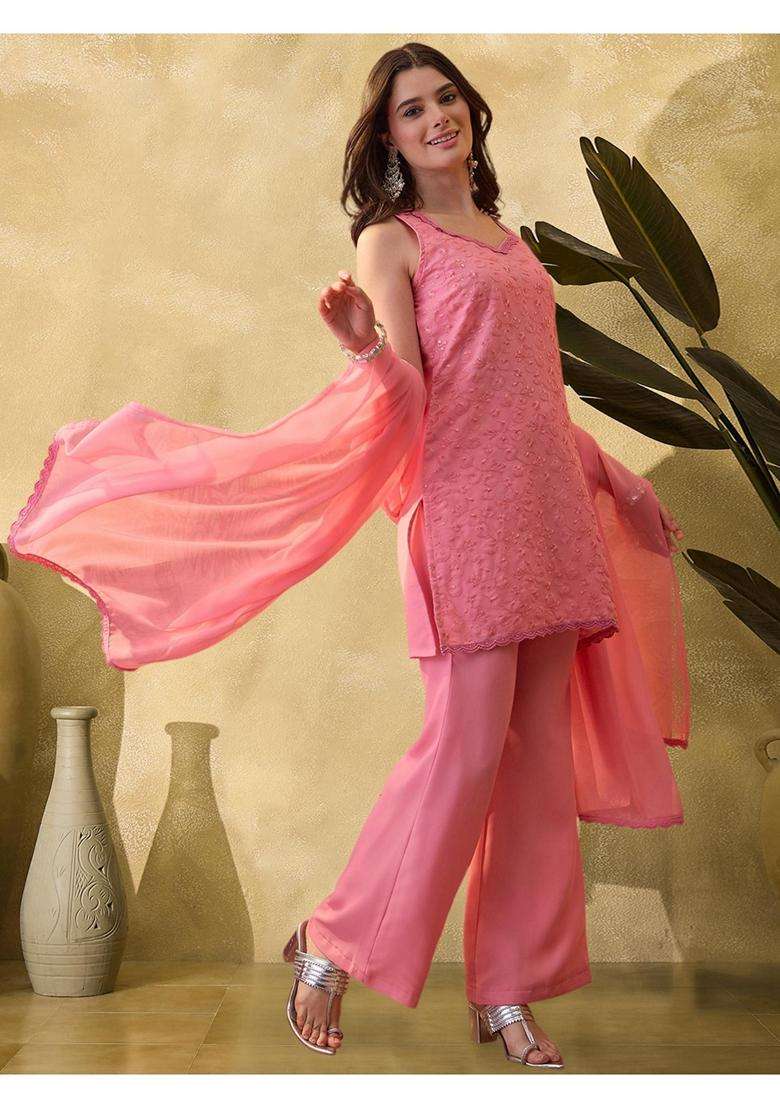 Pink Embroidery Georgette Kurta Set - Indya