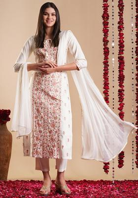White Embroidery Rayon Kurta Set