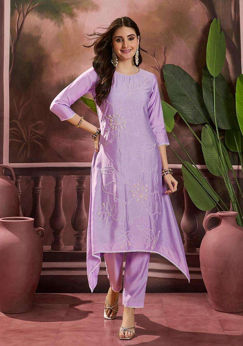 Lavender Embroidery Silk Blend Kurta Set - Indya