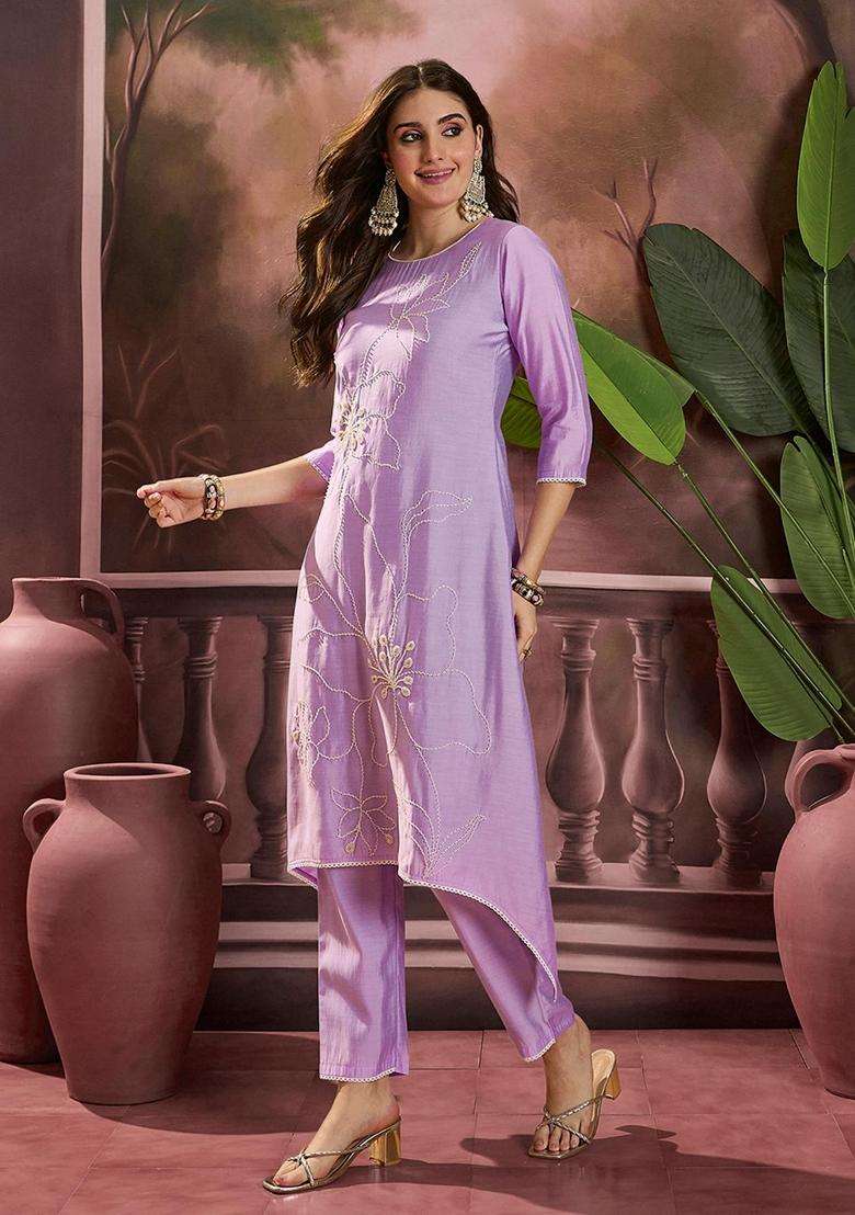 Lavender Embroidery Silk Blend Kurta Set - Indya
