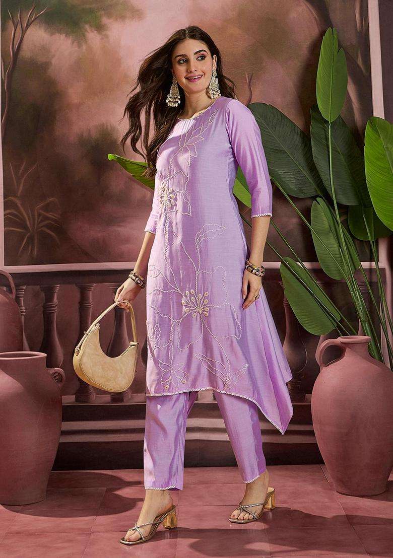 Lavender Embroidery Silk Blend Kurta Set - Indya