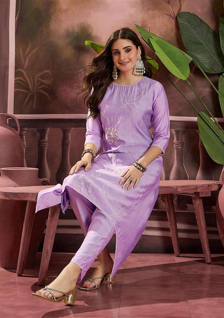 Lavender Embroidery Silk Blend Kurta Set - Indya