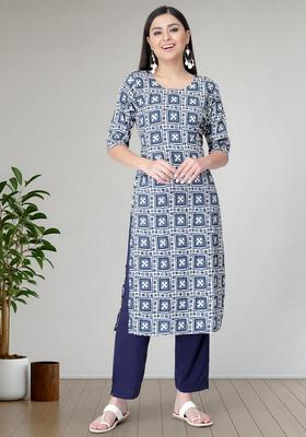 Blue Printed Crepe Kurta Set