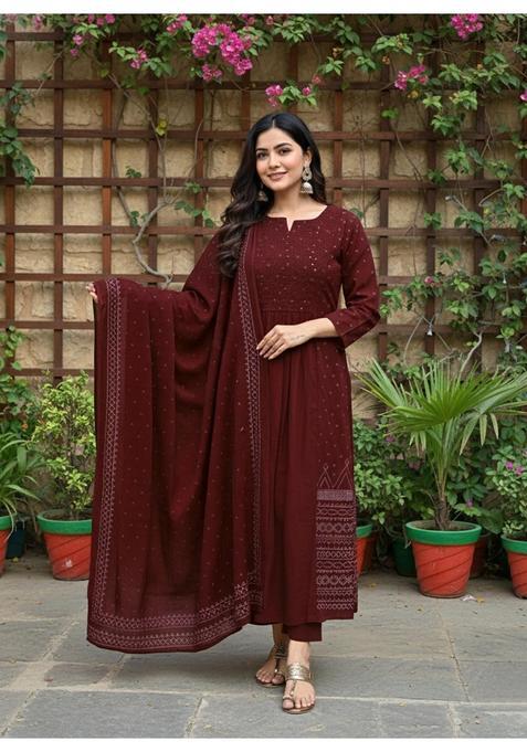 Maroon Floral Rayon Kurta Set — view on Indya