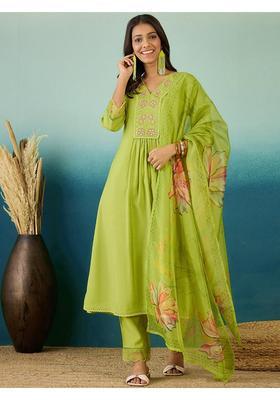 Green Embroidery Silk Kurta Set