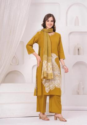 Mustard Printed Cotton Kurta Set