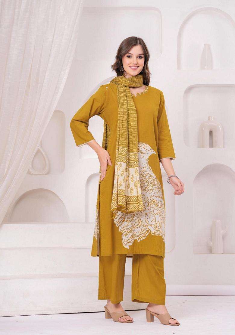 Mustard Printed Cotton Kurta Set - Indya