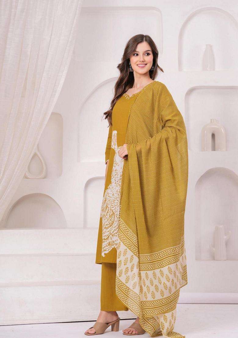 Mustard Printed Cotton Kurta Set - Indya