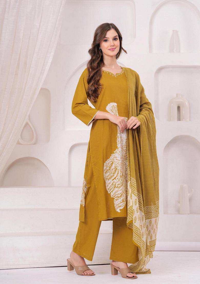Mustard Printed Cotton Kurta Set - Indya