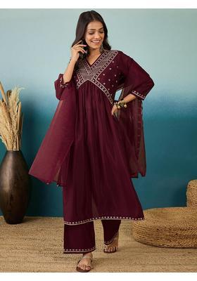 Wine Embroidery Silk Palazzo Set
