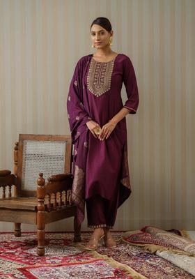 Wine Embroidery Silk Kurta Set