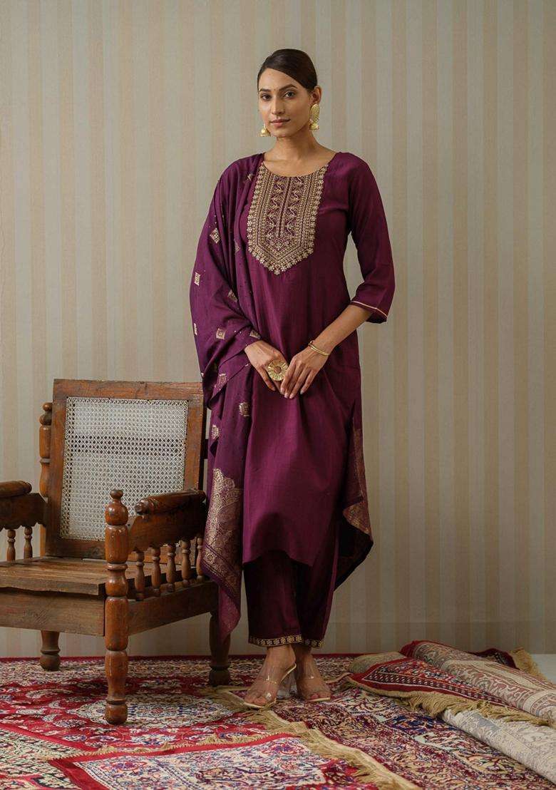 Wine Embroidery Silk Blend Kurta Set - Indya