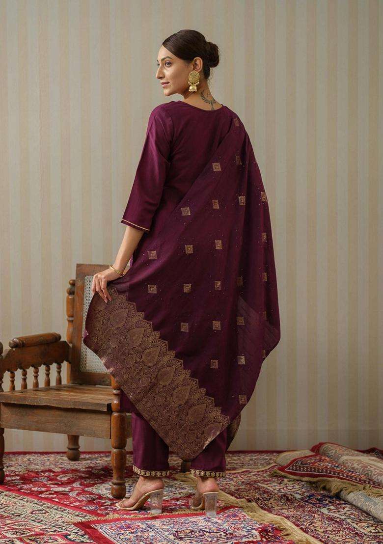 Wine Embroidery Silk Blend Kurta Set - Indya