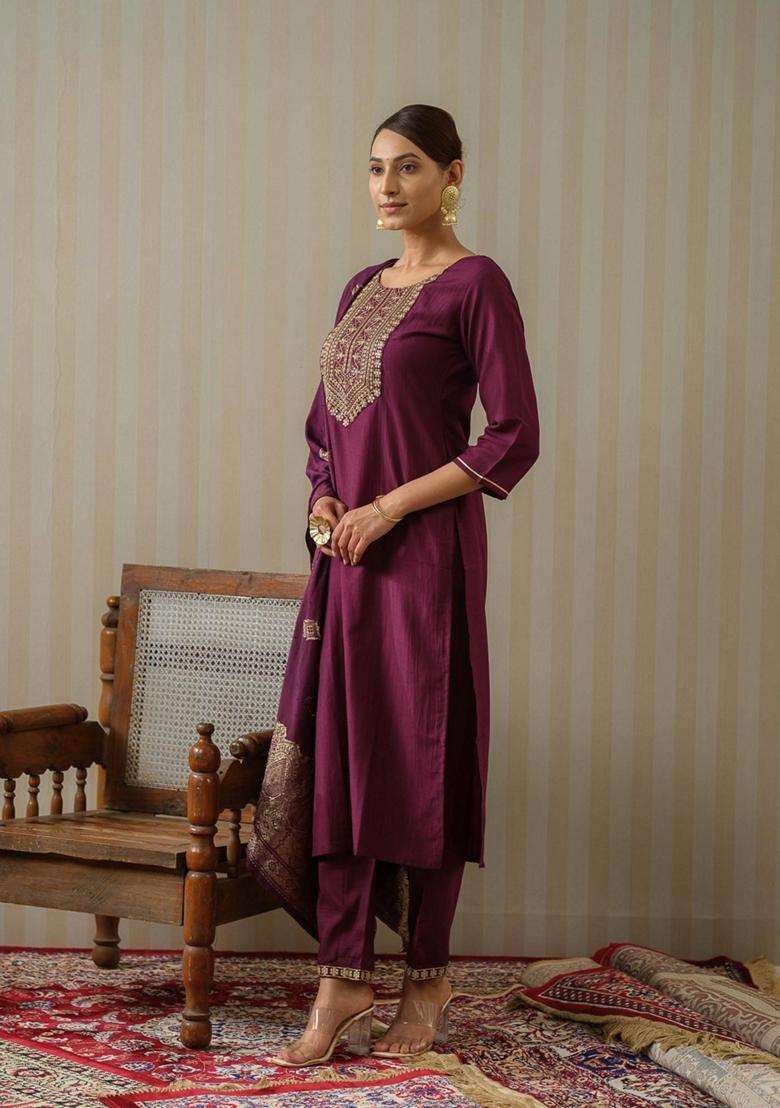 Wine Embroidery Silk Blend Kurta Set - Indya