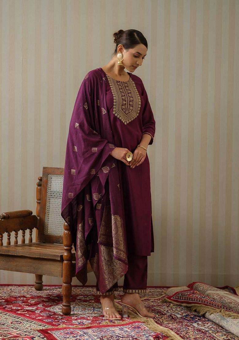 Wine Embroidery Silk Blend Kurta Set - Indya