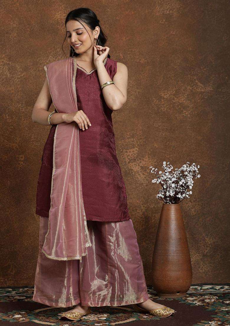 Maroon Solid Silk Blend Palazzo Set - Indya
