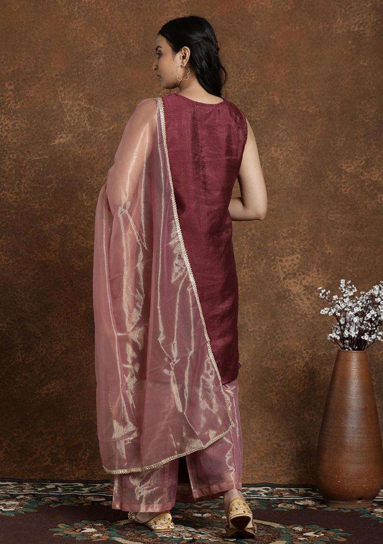 Maroon Solid Silk Blend Palazzo Set - Indya
