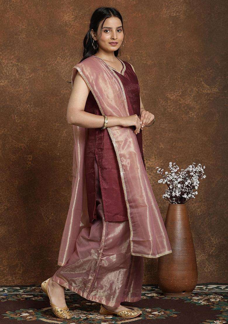 Maroon Solid Silk Blend Palazzo Set - Indya