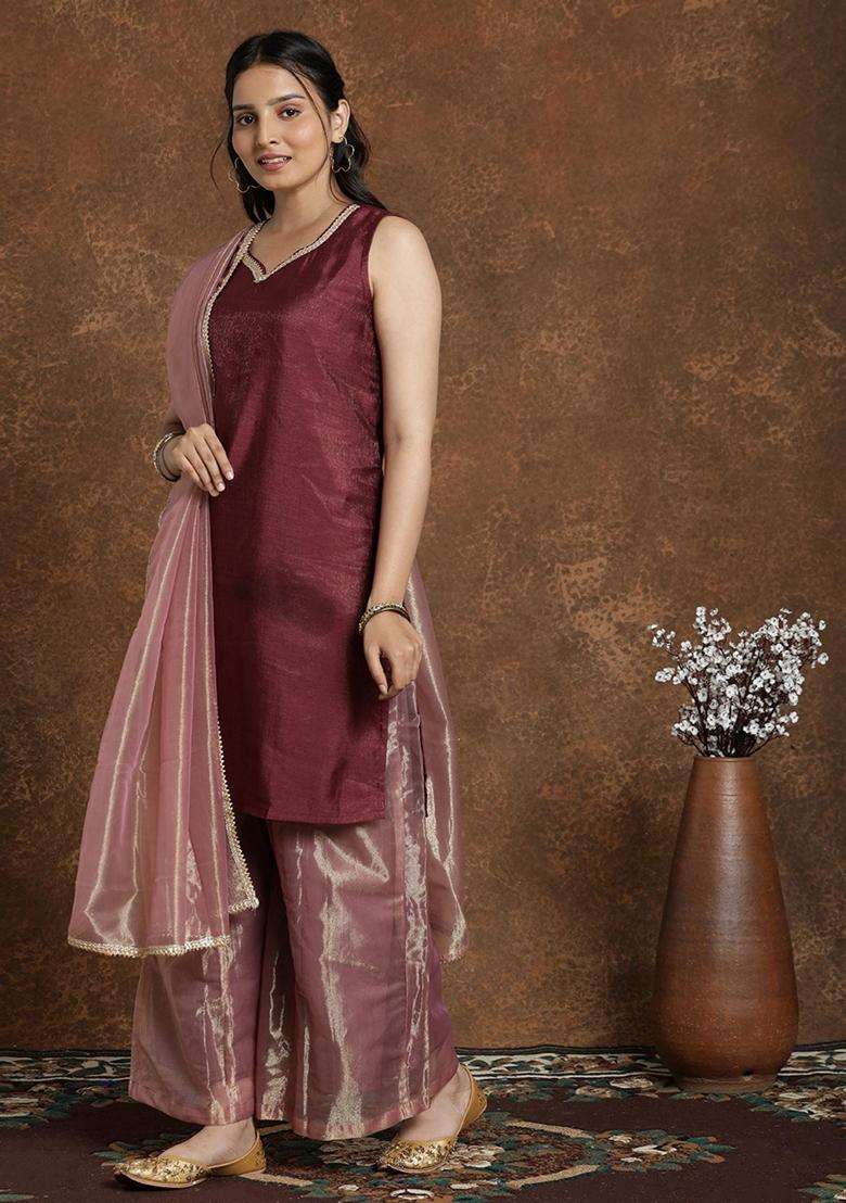 Maroon Solid Silk Blend Palazzo Set - Indya