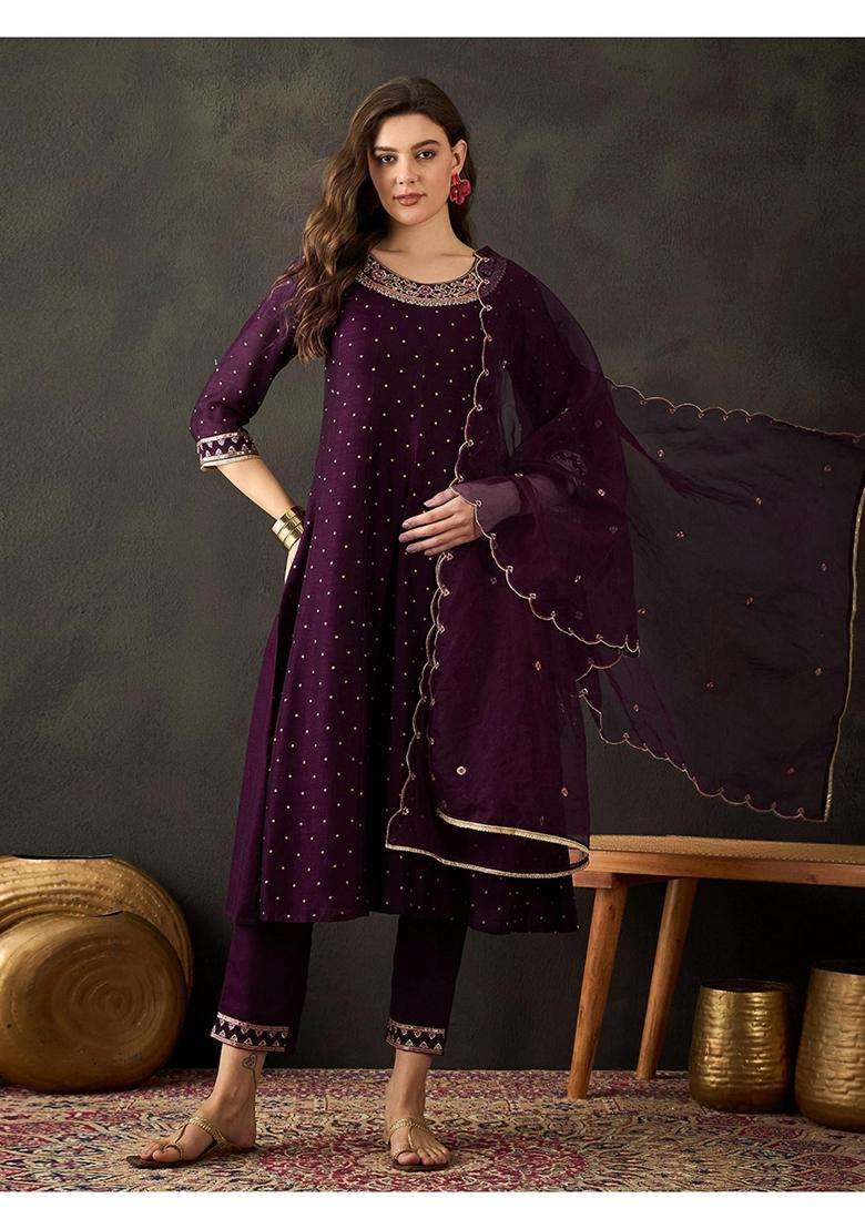 Purple Embroidery Georgette Kurta Set - Indya