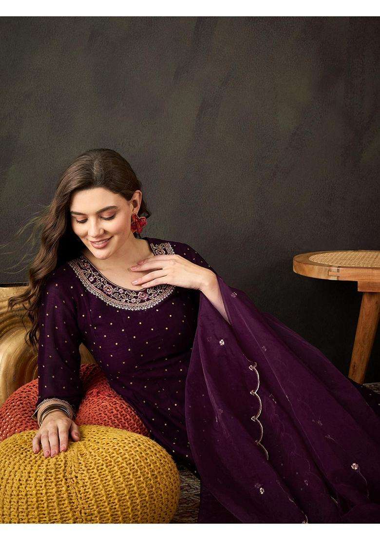 Purple Embroidery Georgette Kurta Set - Indya