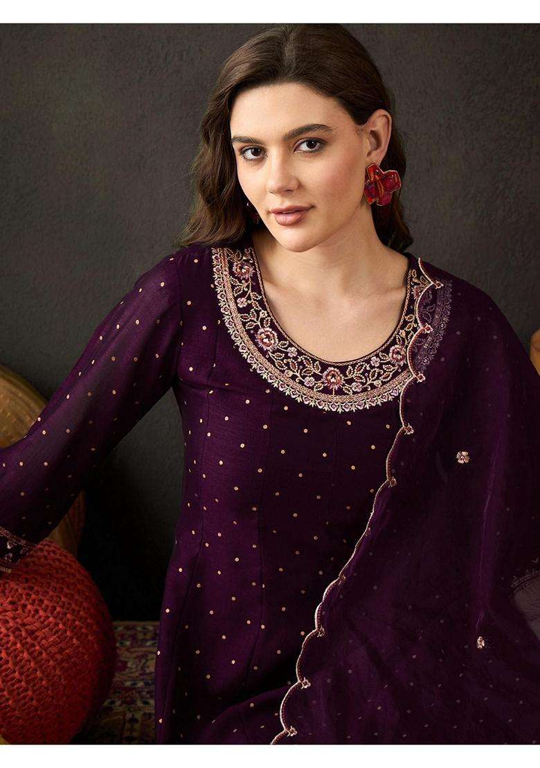 Purple Embroidery Georgette Kurta Set - Indya