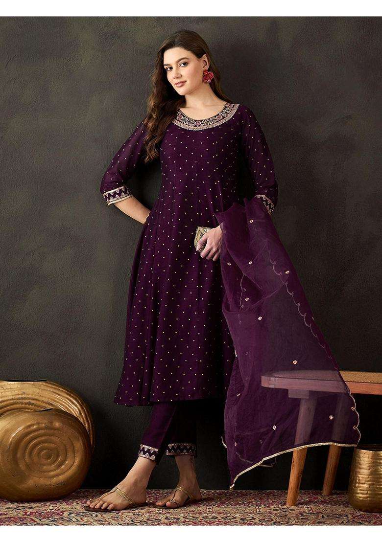 Purple Embroidery Georgette Kurta Set - Indya