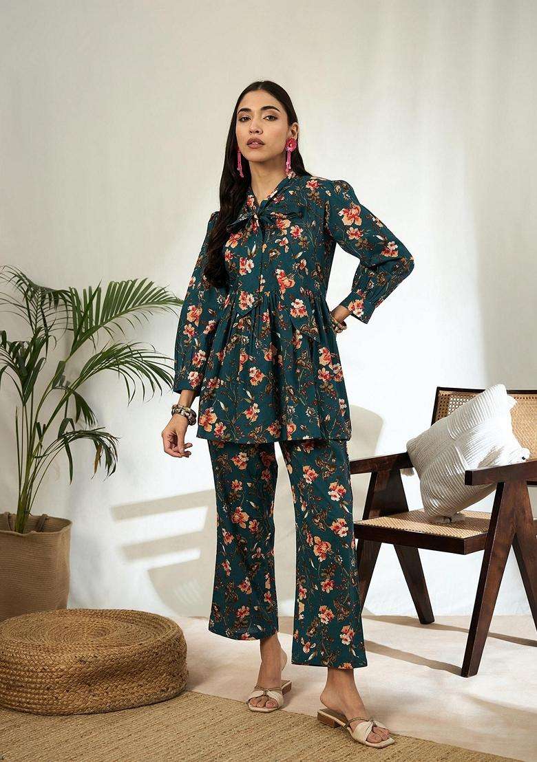 Teal Floral Cotton Co-Ord Set - Indya