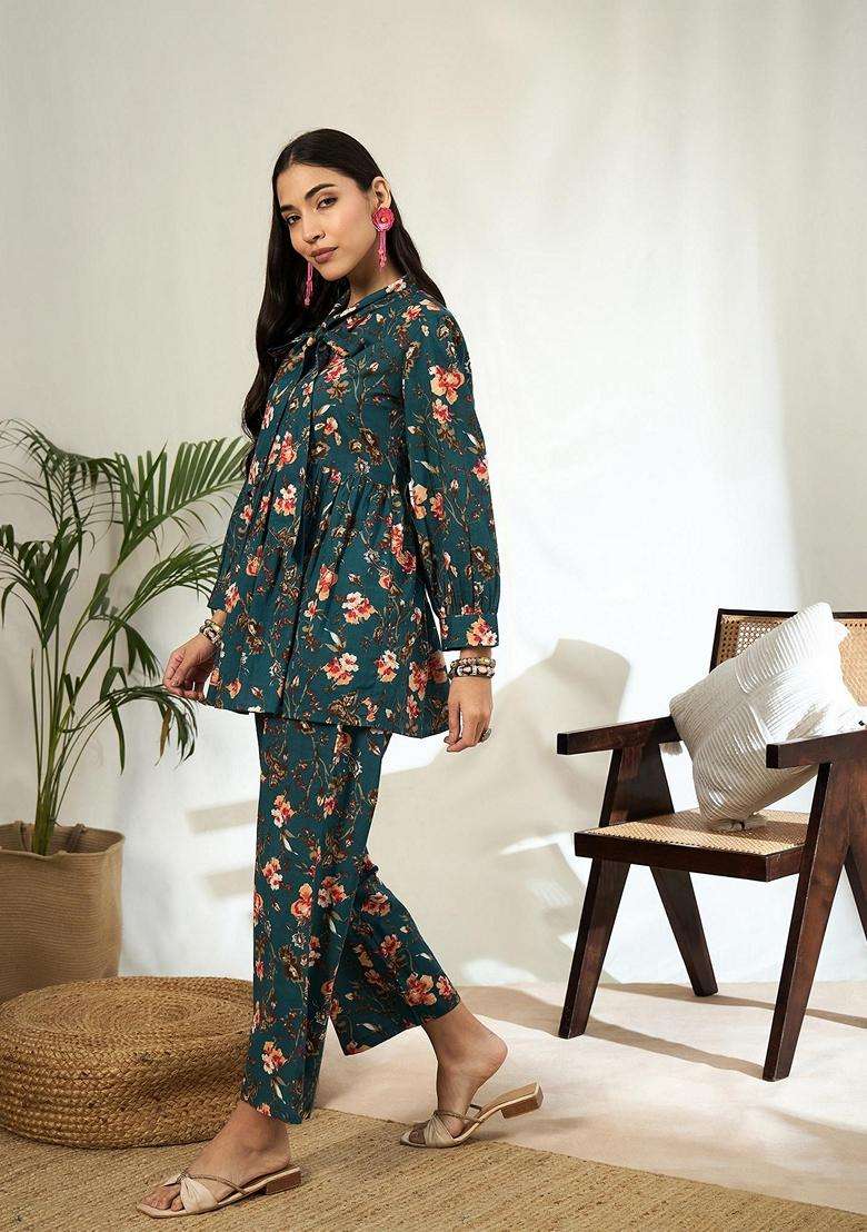 Teal Floral Cotton Co-Ord Set - Indya