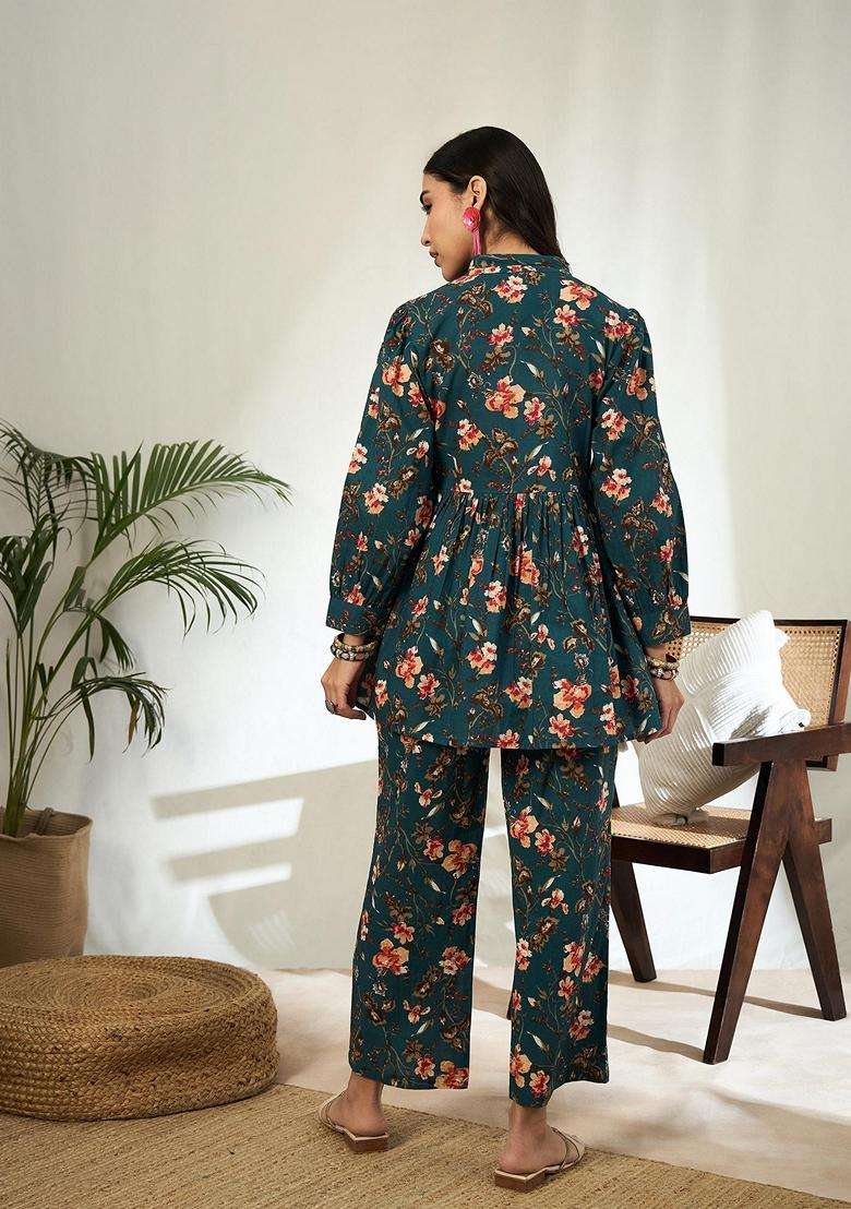 Teal Floral Cotton Co-Ord Set - Indya