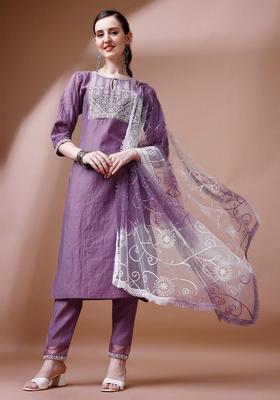 Lavender Embroidery Silk Kurta Set