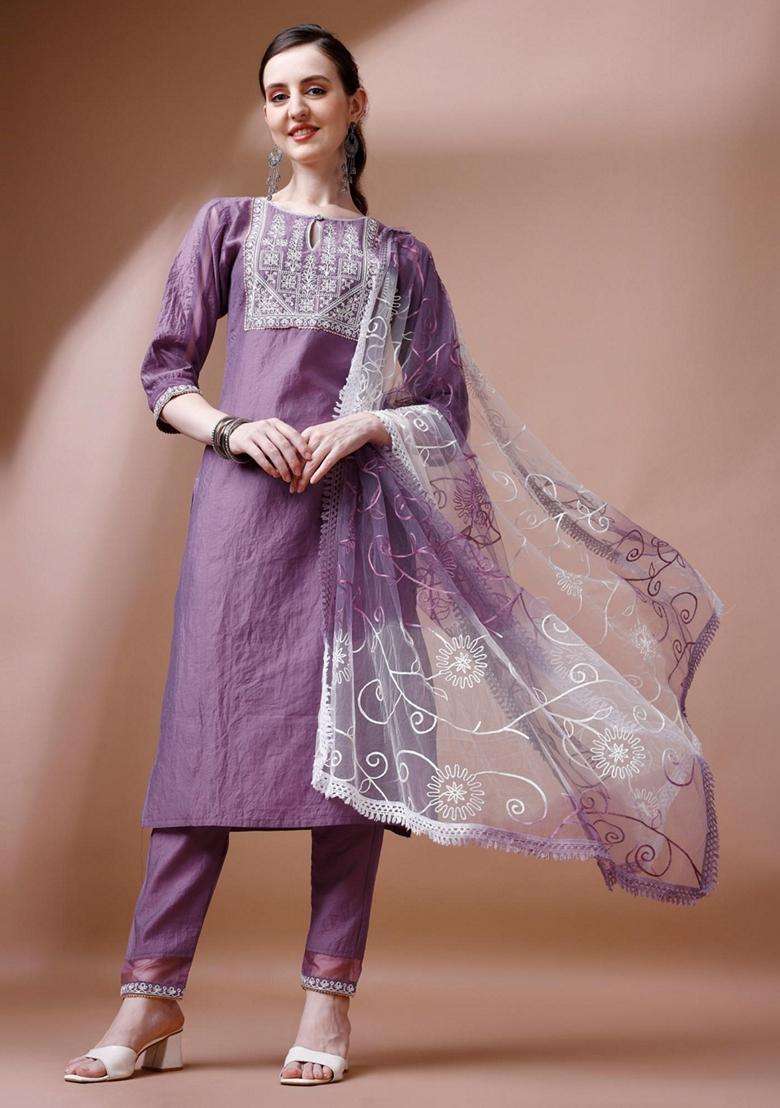 Lavender Embroidery Silk Blend Kurta Set - Indya