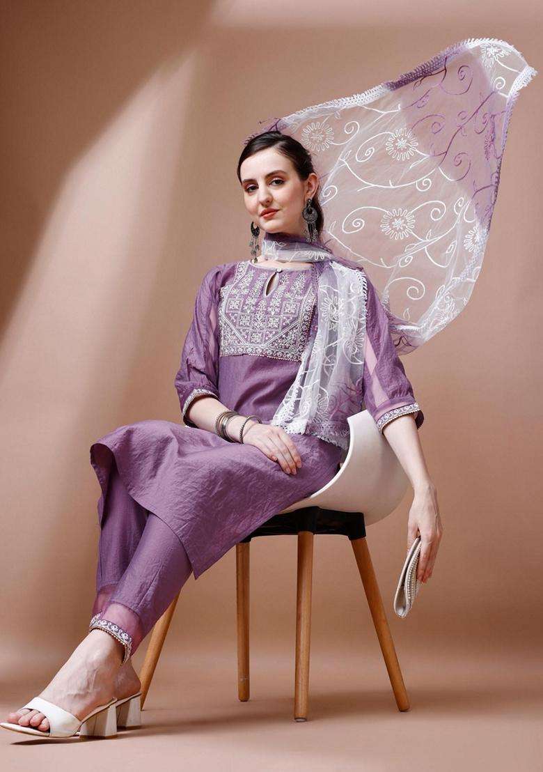 Lavender Embroidery Silk Blend Kurta Set - Indya