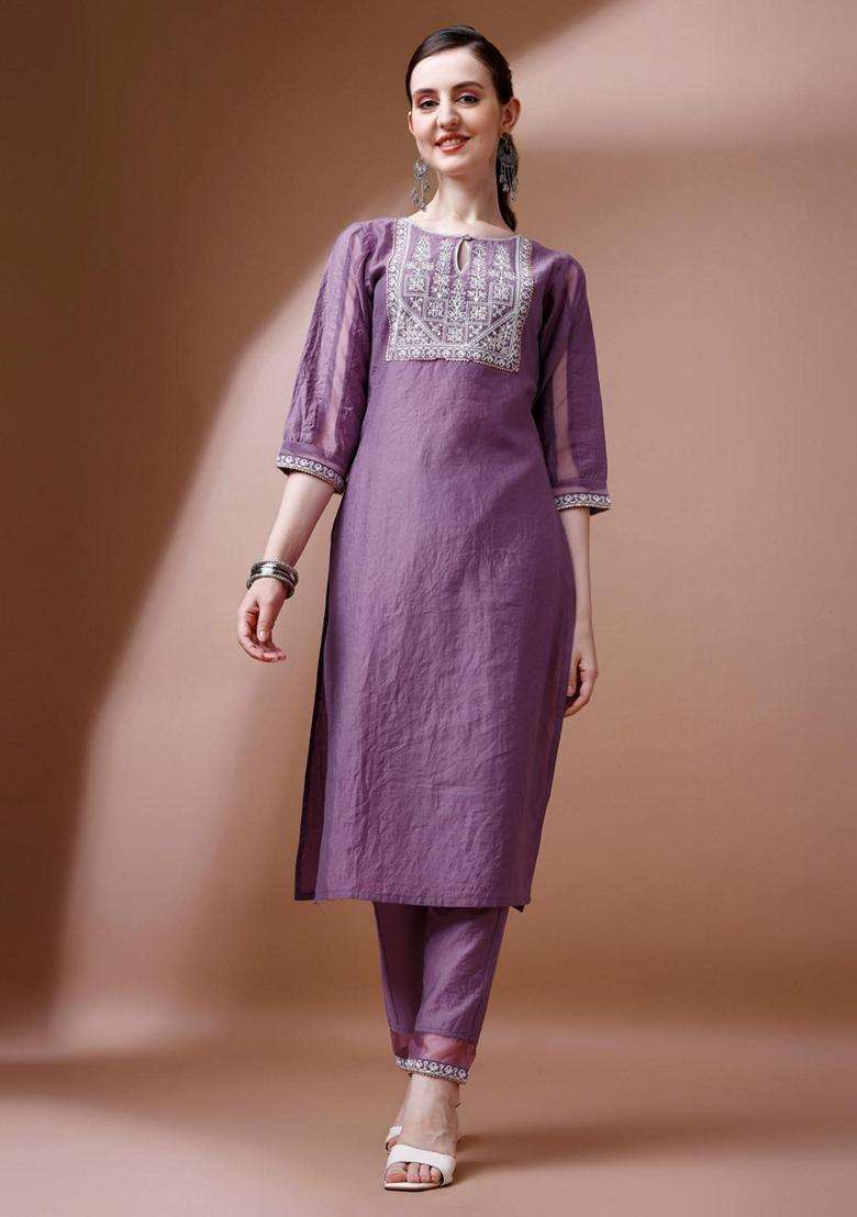 Lavender Embroidery Silk Blend Kurta Set - Indya