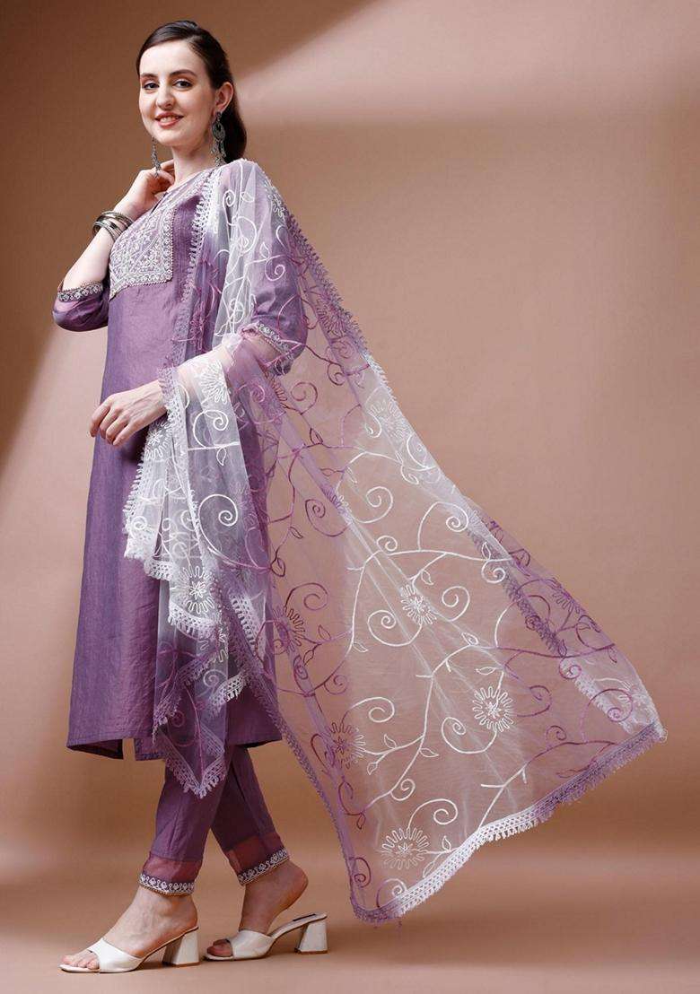 Lavender Embroidery Silk Blend Kurta Set - Indya